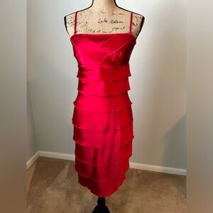 Red, silky layered midi cocktail dress. Excellent condition.